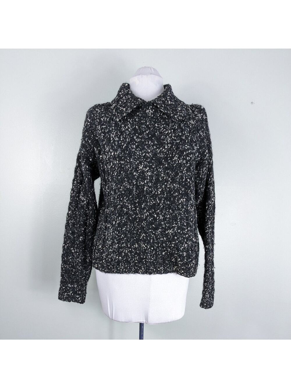Vintage Eddie Bauer Cable Knit Sweater M Gray Wool Chunky White Collar Heritage